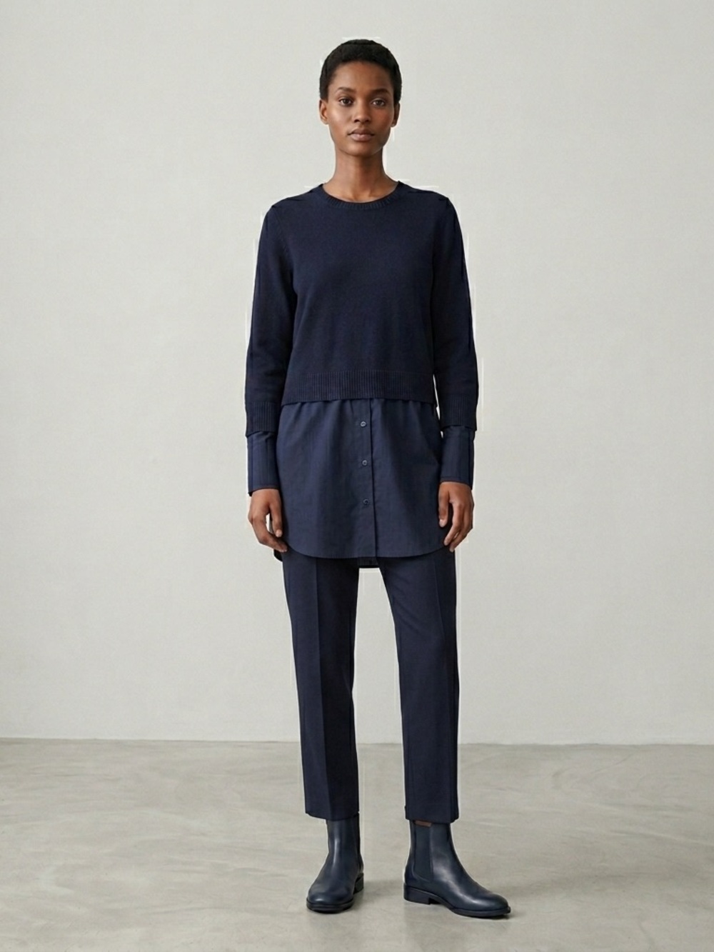 COS Navy Blue Layered Sweater Shirtdress - Long Sleeve Mixed Media Dress Sz M